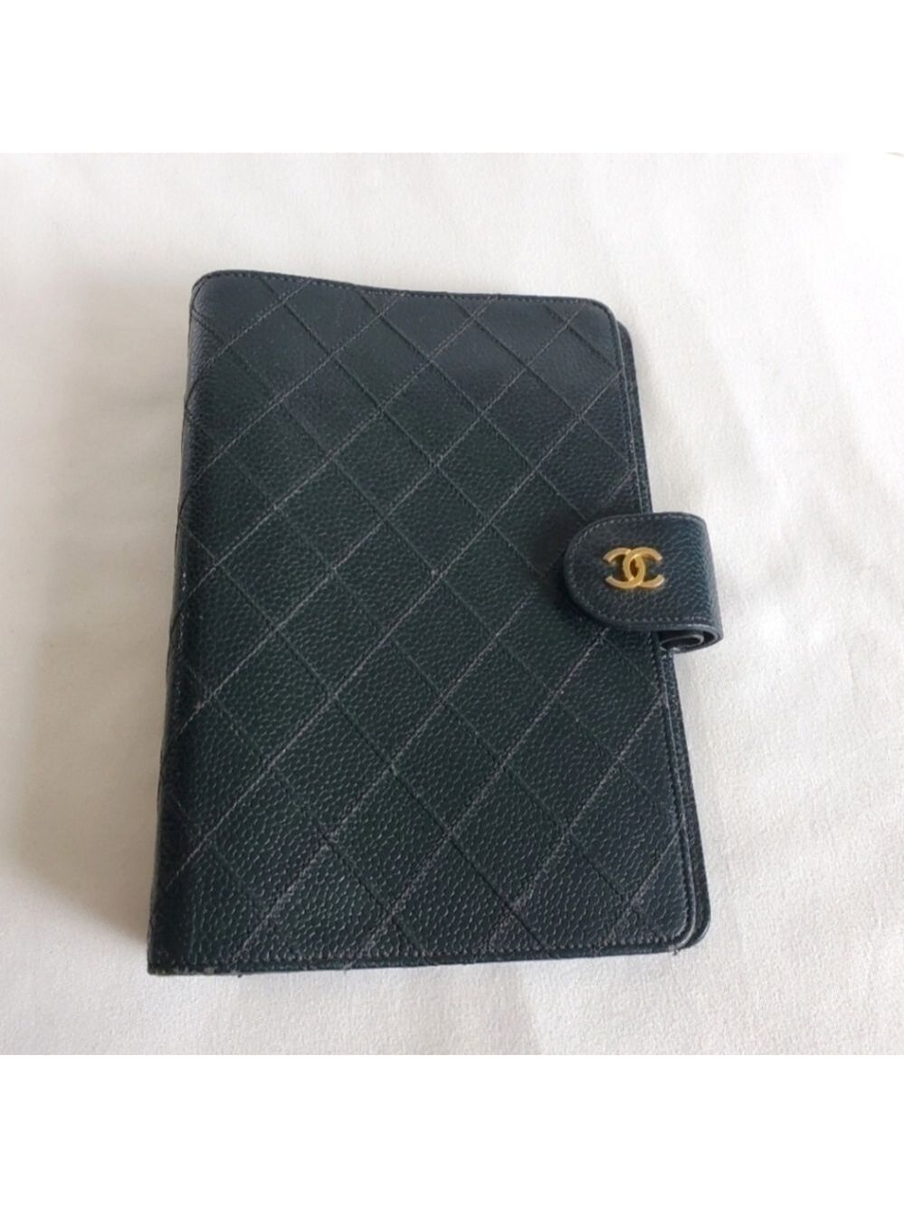 Chanel Black Quilted Caviar Leather MM 6-Ring Agenda Cover Gold Hardware Vintage
